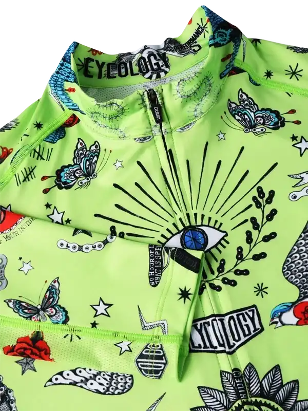 Bright green men's cycling jersey with butterfly, eye, and star print design, featuring full zip and performance fabric.