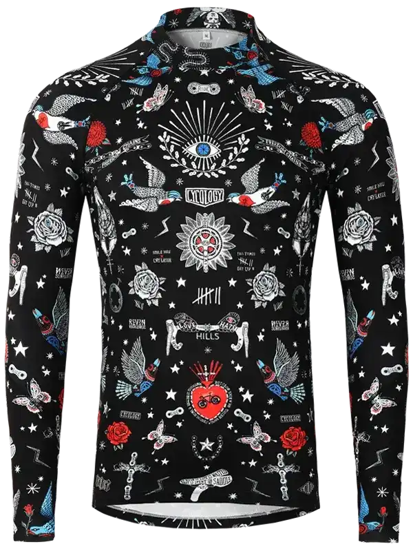Men's long sleeve cycling jersey with tattoo-style graphics, roses, birds, and eye motifs on black fabric