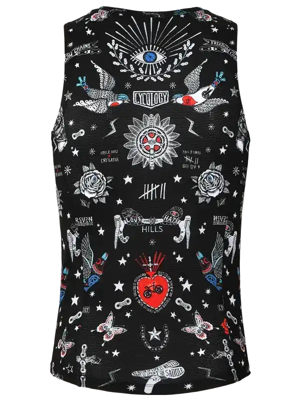 Black sleeveless cycling vest with tattoo-style graphics, stars, roses, and eye design for men or women