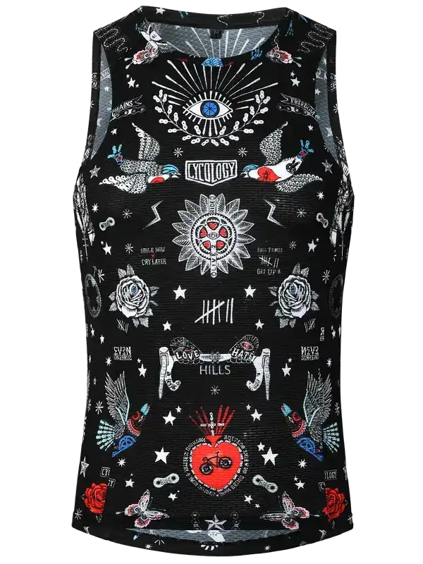 Black sleeveless cycling jersey with tattoo-style graphics, roses, eyes, and hearts for men or women