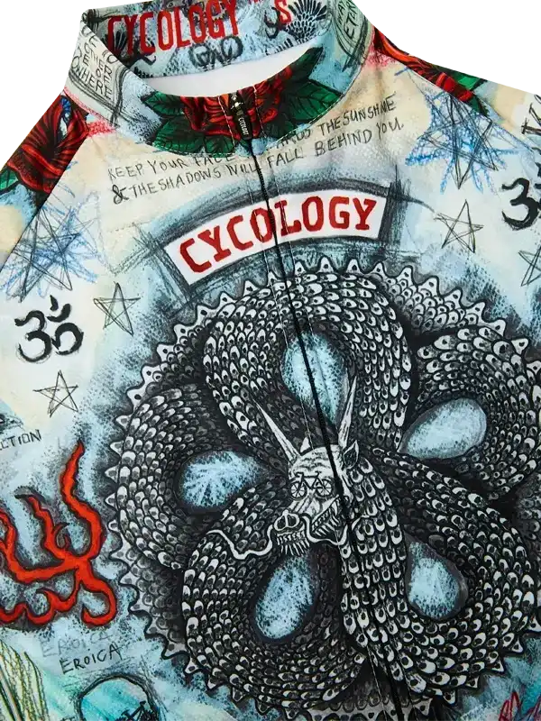 Men's cycling jersey with dragon graphic, om symbol, and 'Cycology' branding for road bike rides