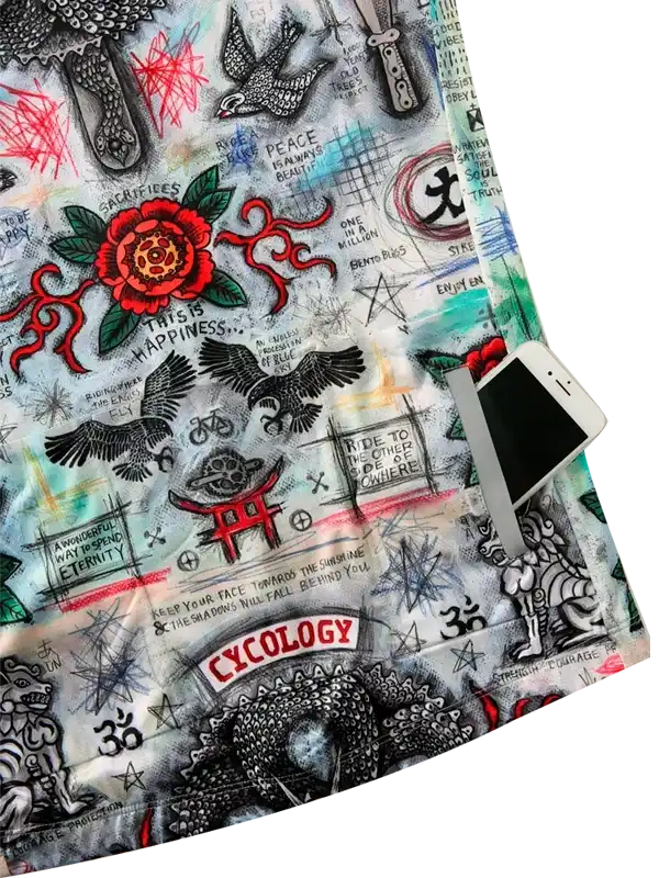 Cycology men's cycling jersey with bold tattoo-style graphics, red rose, and motivational phrases