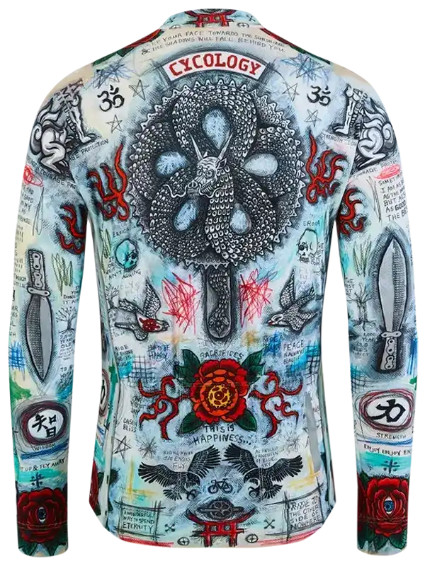 Men's long sleeve cycling jersey with bold tattoo-style graphics, roses, and symbolic designs for road biking