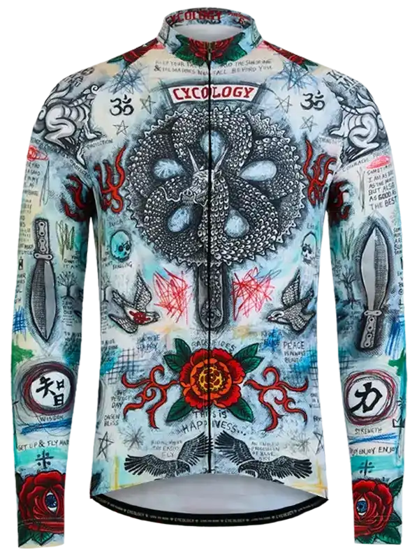 Men's long sleeve cycling jersey with bold tattoo-style graphics, roses, and spiritual symbols for road biking