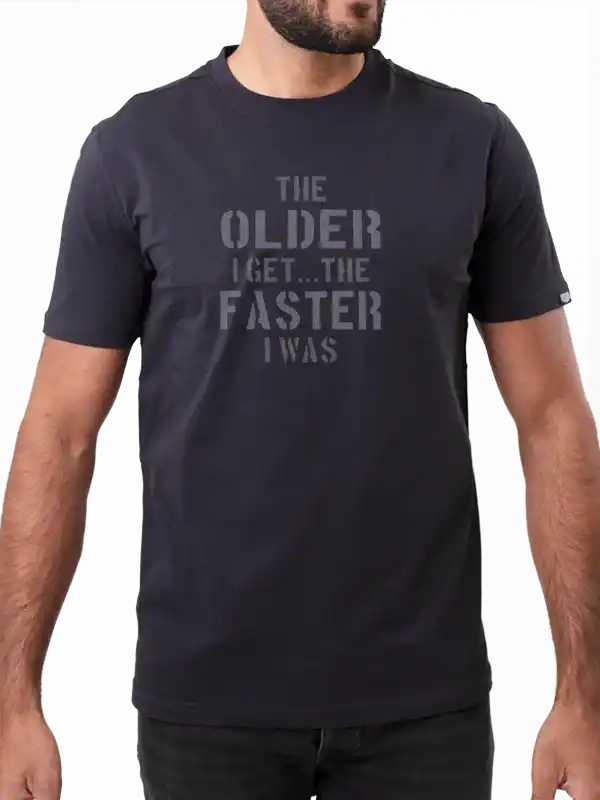 Men's cycling t-shirt with 'The Older I Get... The Faster I Was' slogan, dark gray design for cyclists