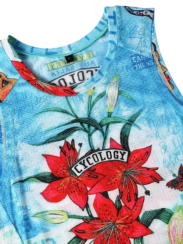 Women's cycling tank top with red lily print and 'Cycology' logo, lightweight breathable fabric