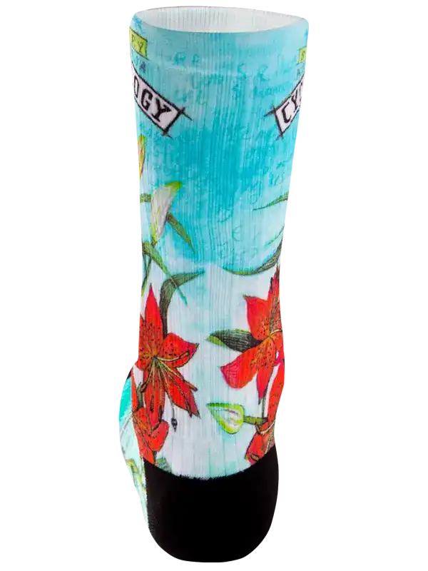 Cycling sock with red floral print and blue background, designed for men and women riders