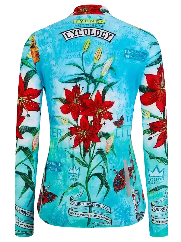 Women's cycling jersey with red lilies and butterfly print, vibrant blue background, unique design