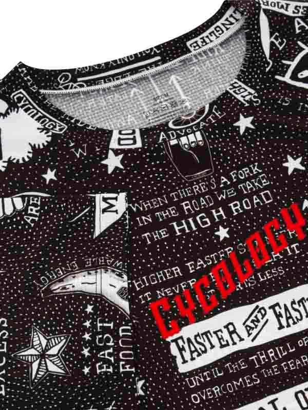 Cycling jersey with bold graphic print, stars, and motivational text on dark fabric