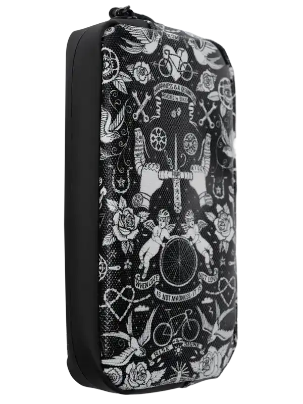 Black cycling tool bag with white tattoo-style bike, roses, and angel graphics for cyclists
