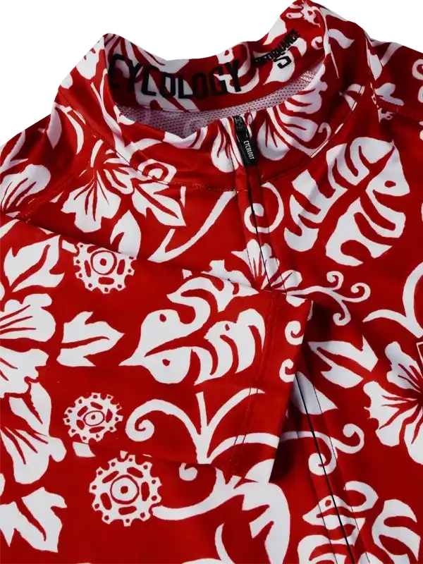 Red and white floral cycling jersey with zipper and breathable fabric, ideal for men's and women's bike rides