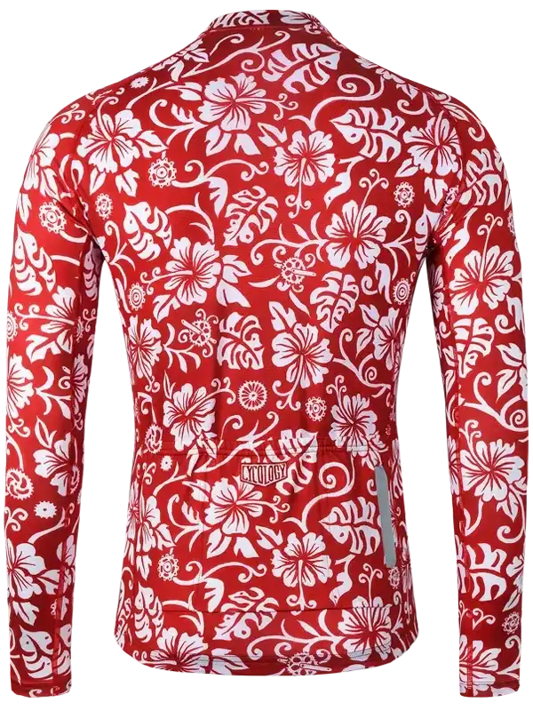Red long-sleeve cycling jersey with white floral pattern, reflective details, and rear pocket for men or women