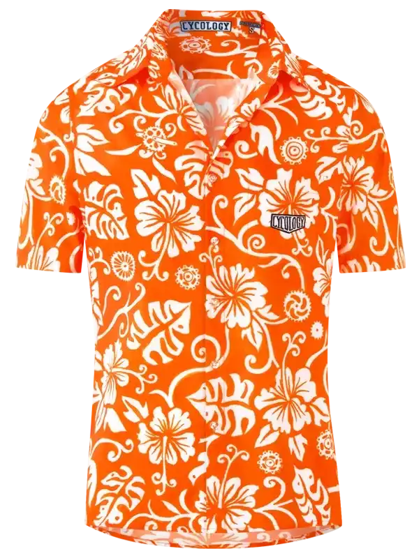 Vibrant orange short-sleeve cycling shirt with white floral pattern, ideal for men's and women's bike rides.