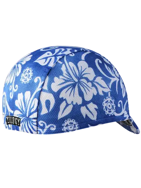 Blue cycling cap with white hibiscus floral pattern and gear accents, ideal for men's and women's bike rides