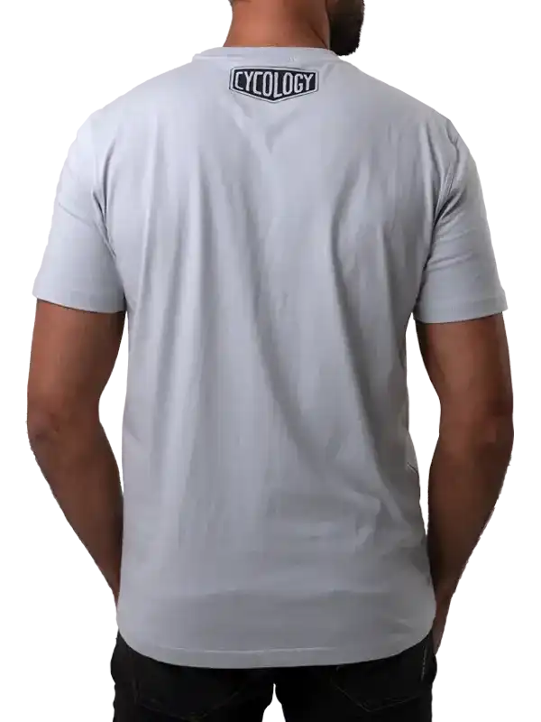 Men's light gray cycling t-shirt with 'CYCOLOGY' logo on back, ideal for bike rides and active wear.