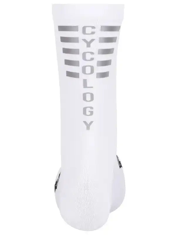 White cycling sock with gray 'CYCOLOGY' text and stripes, designed for performance and comfort.