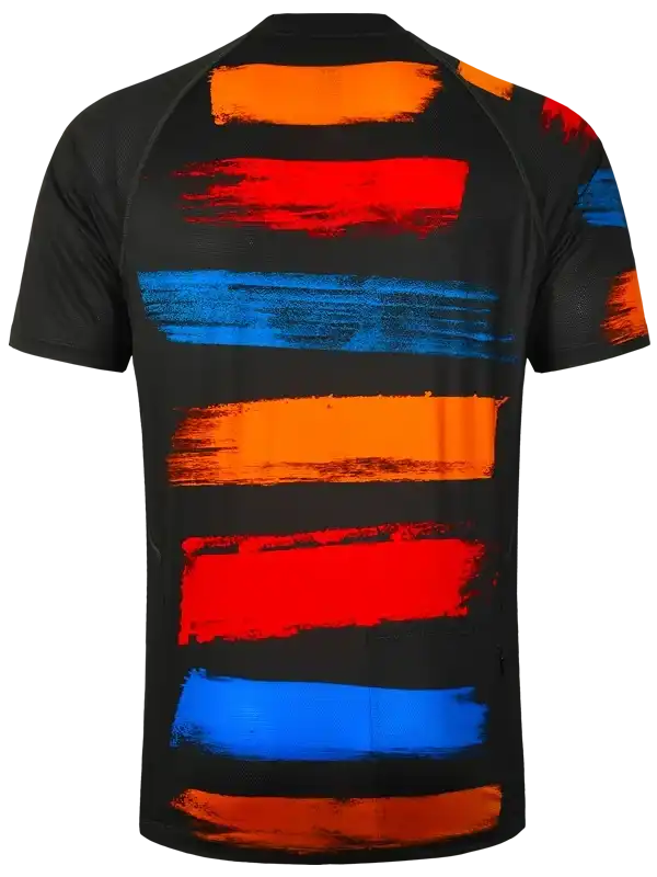 Men's cycling jersey with bold orange, red, and blue brushstroke stripes on black, performance fabric