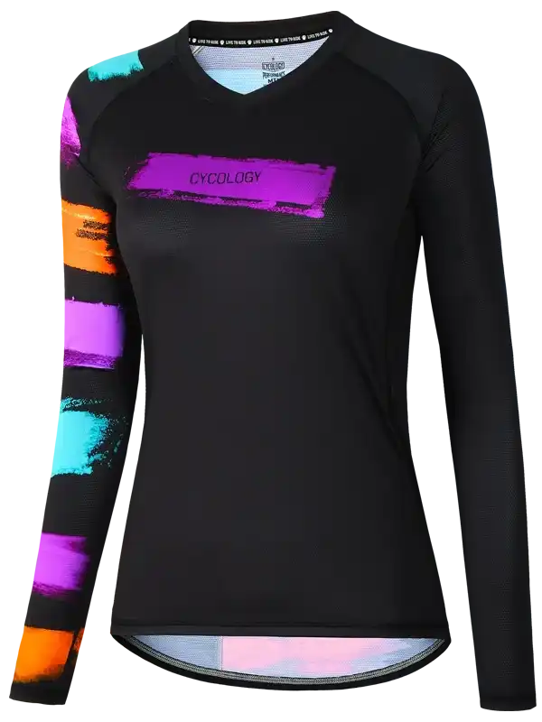 Women's long sleeve cycling jersey with colorful brushstroke design and CYCOLOGY logo