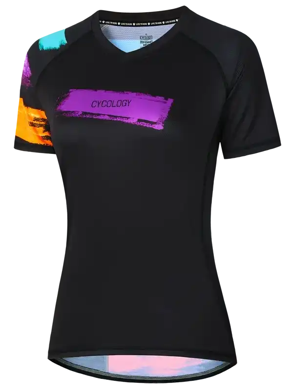 Black women's cycling jersey with colorful abstract design and 'CYCOLOGY' text