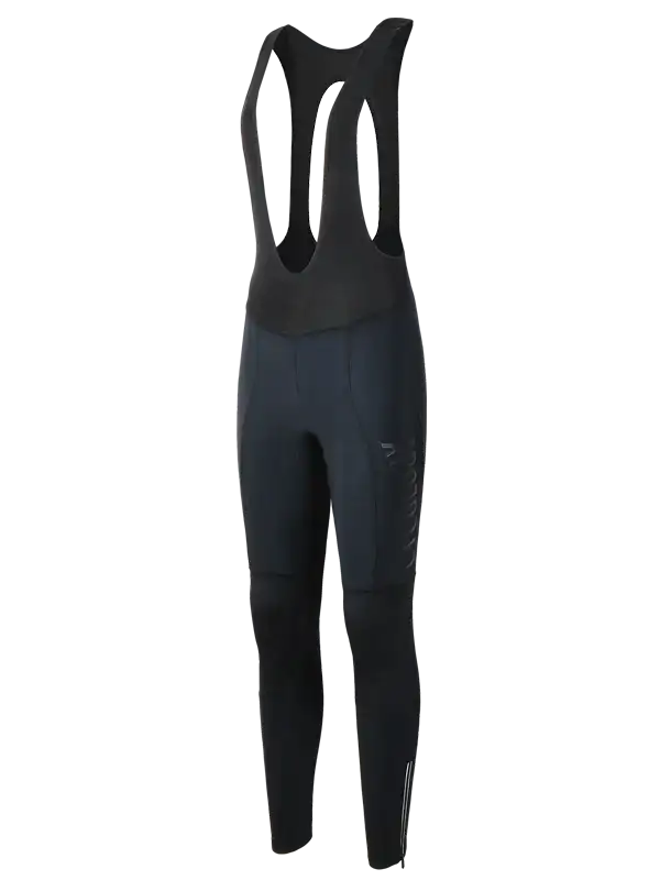Black women's cycling bib tights with ergonomic seams and reflective details for road riding