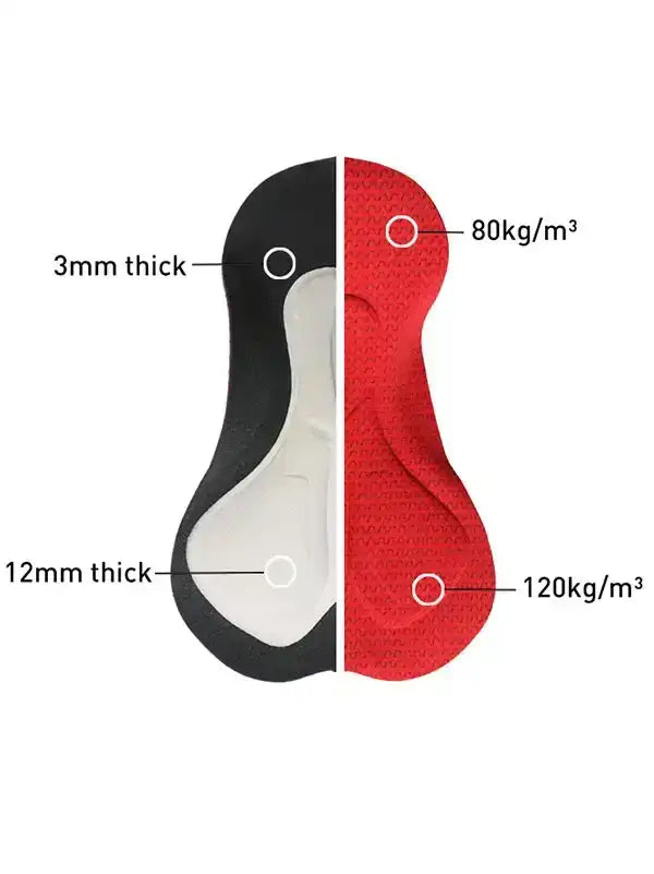 Cycling pad with 3mm & 12mm thickness, 80kg/m³ & 120kg/m³ density for comfort and support