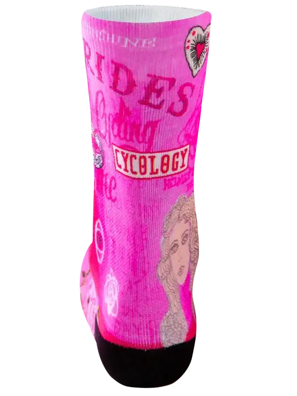 Pink cycling sock with 'Cycology' text, heart, and vintage graphic design for women's bike rides