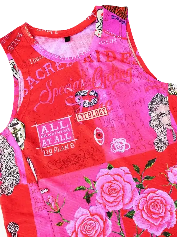 Vibrant red and pink cycling tank top with rose graphics, bold text, and edgy designs for women's bike wear