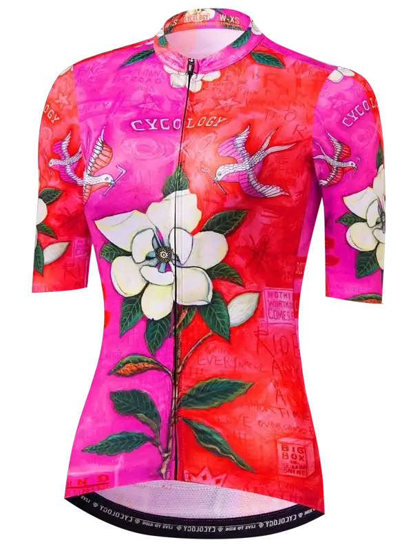 Women's cycling jersey with pink floral and bird print, full zip, short sleeves, performance fabric