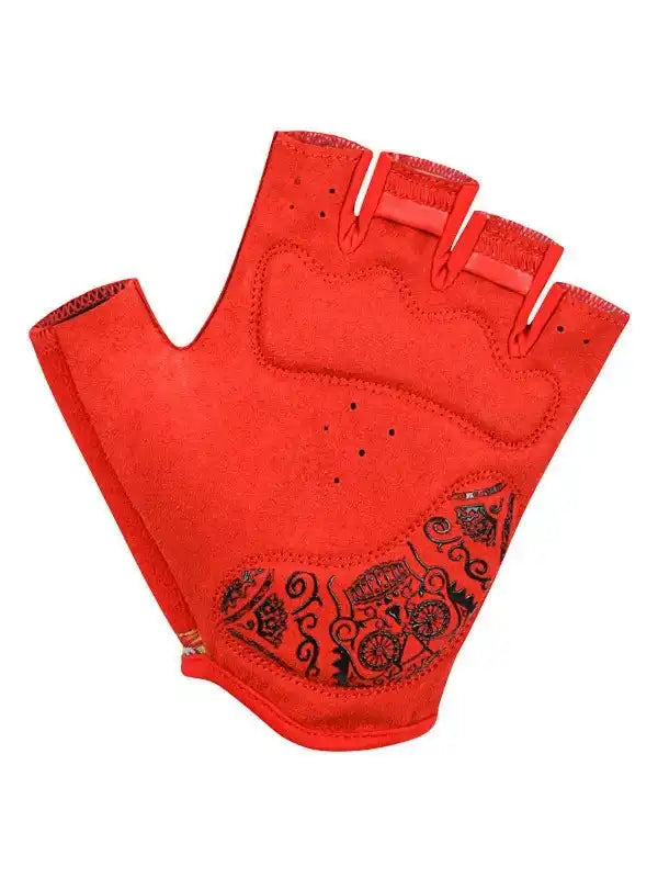 Red fingerless cycling glove with black vintage bike print, breathable fabric, padded palm for comfort
