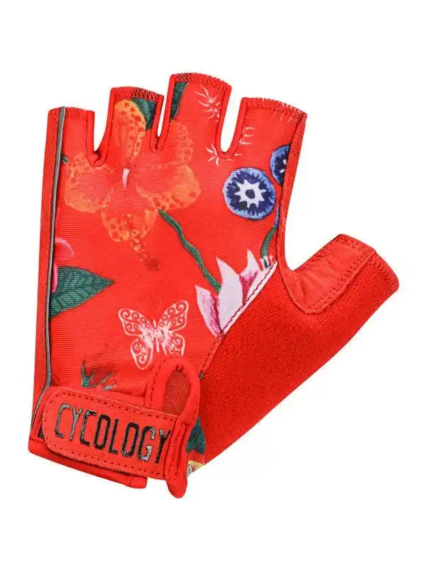 Red floral cycling glove with butterfly print, fingerless design for women's bike rides