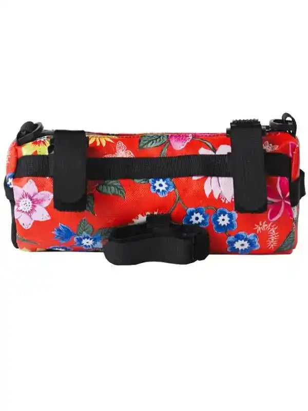 Red floral cycling frame bag with black straps for bike storage