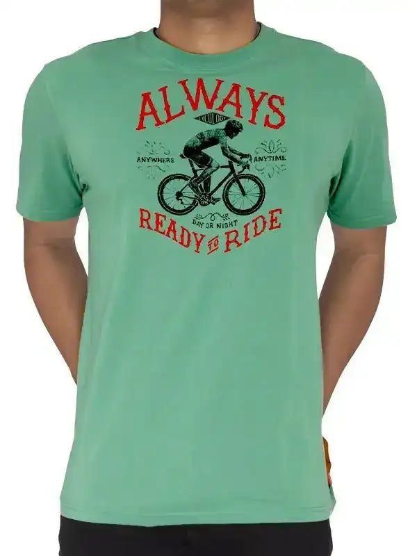 Men's mint green cycling t-shirt with 'Always Ready to Ride' graphic, perfect for bike enthusiasts.