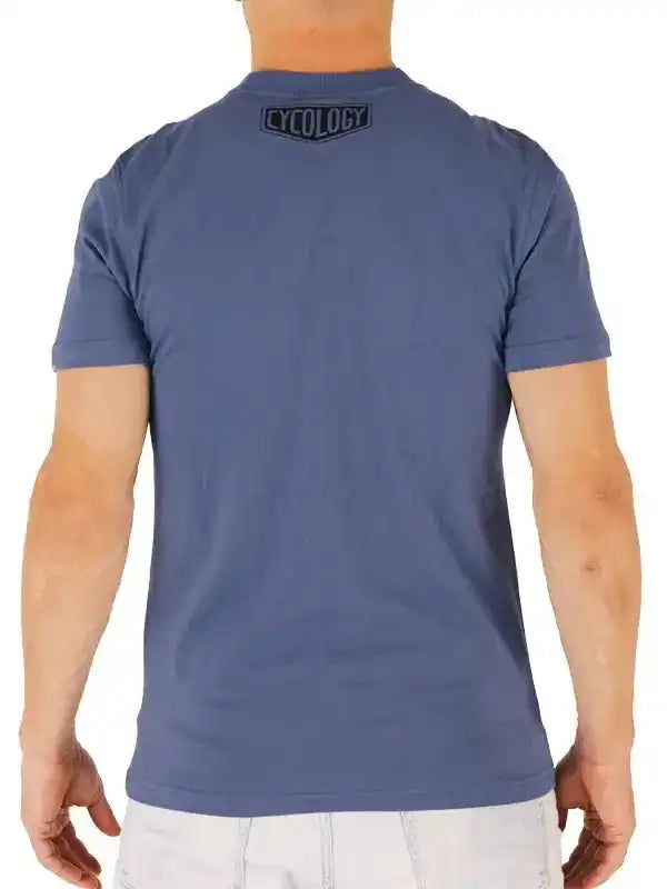 Men's blue cycling t-shirt with Cycology logo on back, casual fit for active wear