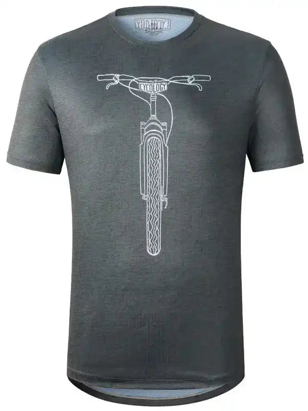 Men's cycling t-shirt with white bike graphic, breathable fabric, ideal for road or mountain biking