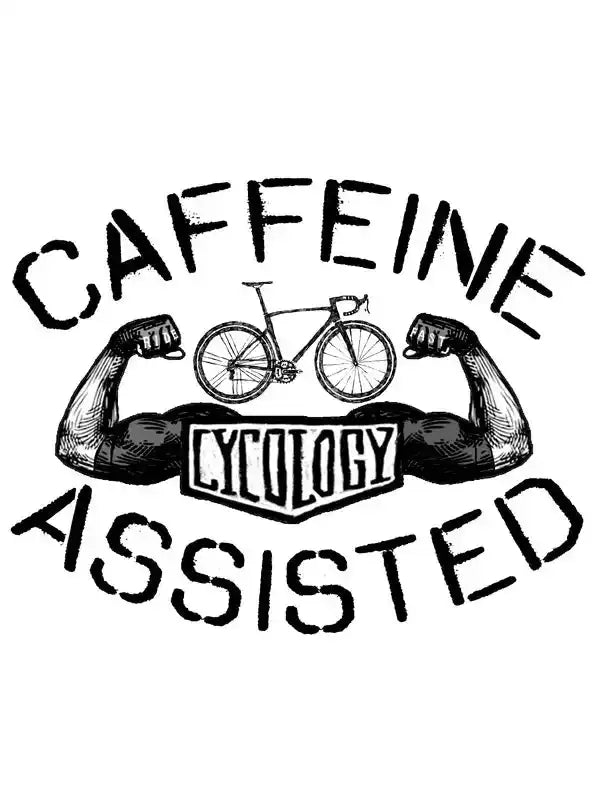 Caffeine Assisted cycling graphic with muscular arms and bike, Cycology brand design