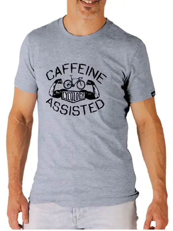 Men's gray cycling t-shirt with 'Caffeine Assisted' graphic and bike design, perfect for cyclists
