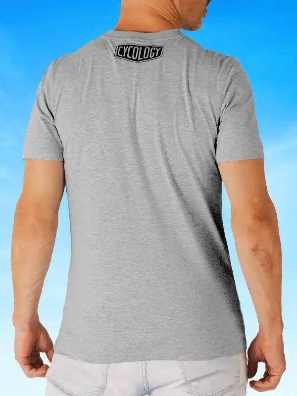 Men's gray cycling t-shirt with 'CYCOLOGY' logo on back, casual fit for bike rides