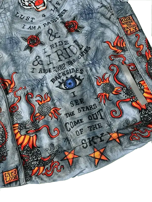 Men's cycling jacket with bold dragon, rose, and star graphics, edgy typography, and reflective details for urban rides.