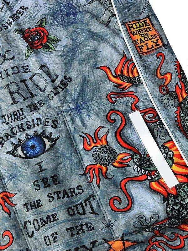 Men's cycling jersey with bold dragon, rose, and eye graphics, featuring 'Ride Where Eagles Fly' text on sleeve