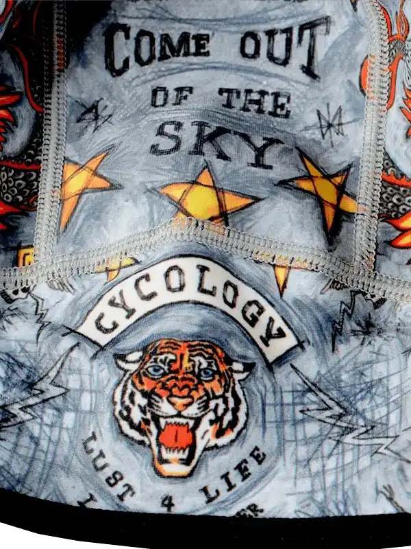 Cycling jersey with tiger graphic, 'Come Out of the Sky' text, and star design on gray fabric