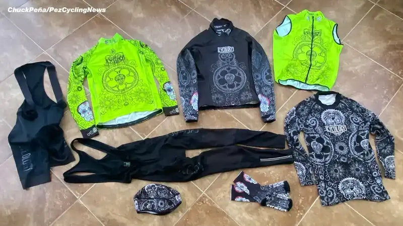Men's and women's cycling clothing set with skull designs, including jerseys, bib shorts, vest, and accessories