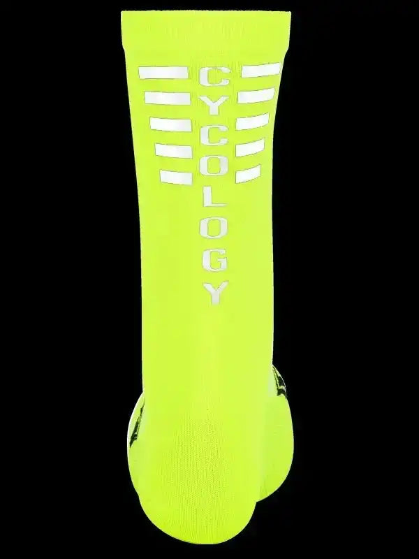 Bright neon yellow cycling sock with white CYCOLOGY text and stripes, designed for performance and visibility.