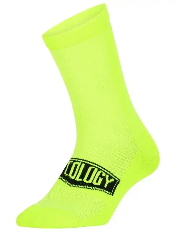 Bright neon yellow cycling sock with black 'Cycology' logo, designed for men's and women's bike rides.