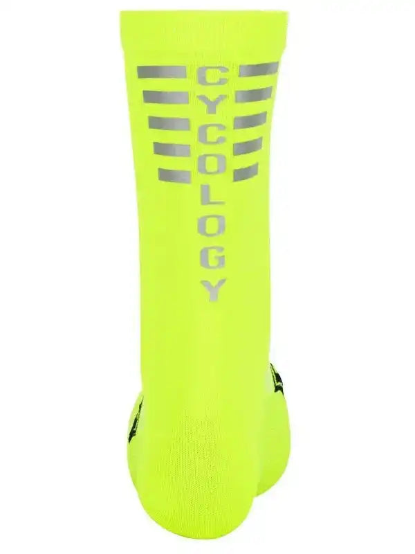 Bright neon yellow cycling sock with reflective 'CYCOLOGY' branding and stripes for visibility and performance.