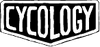 Cycology logo in bold white text on black shield-shaped background