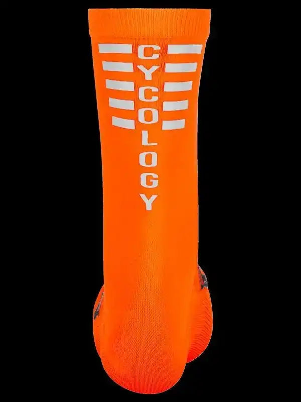Bright orange cycling sock with white CYCOLOGY lettering and stripe design, ideal for men's and women's bike rides.