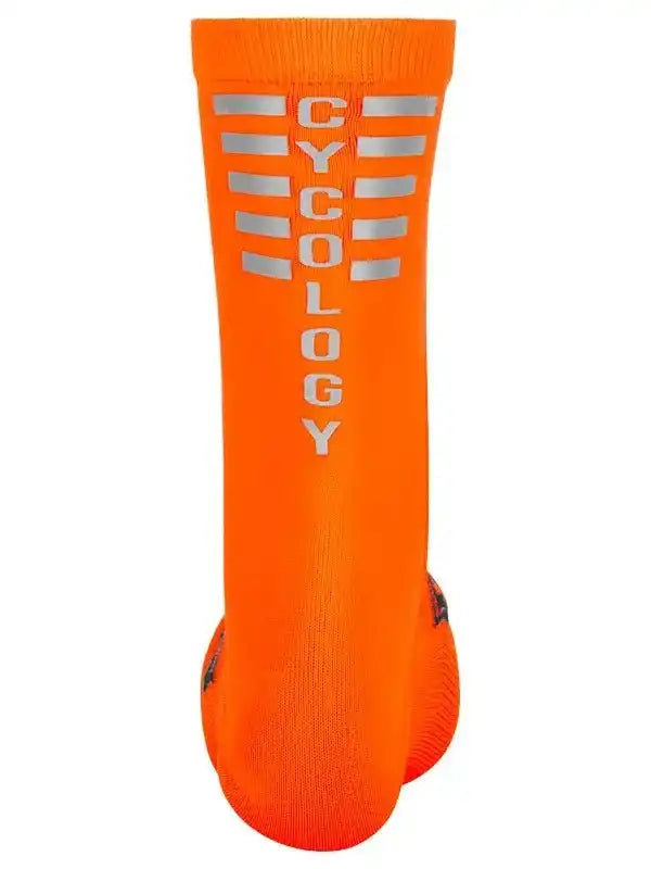 Bright orange cycling sock with reflective CYCOLOGY branding for visibility and performance