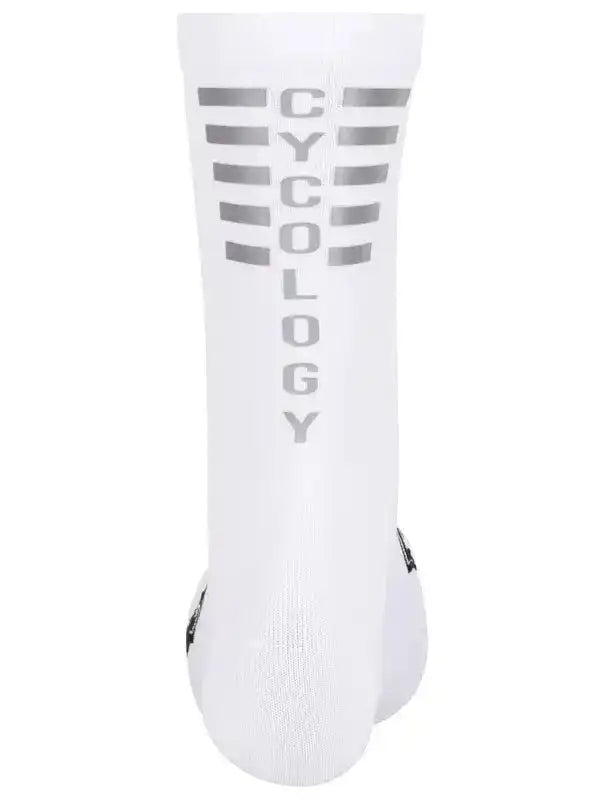 White cycling sock with silver CYCOLOGY logo and striped design, breathable fabric for men and women