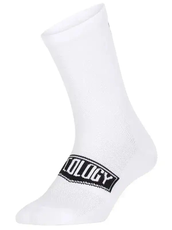 White cycling sock with black 'OLOGY' logo, breathable mesh fabric for men and women