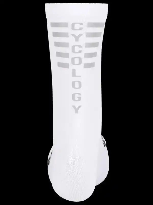 White cycling sock with gray 'CYCOLOGY' text and stripe design, performance fabric for riders